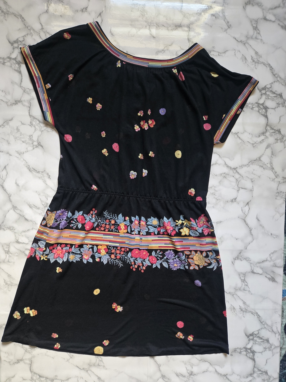 Black Floral Stripe Rainbow Sheer Mesh Short Sleeve Dress Small - Picture 4 of 7